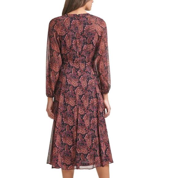 Tommy Hilfiger Black Marron Paisley Print Lightweight Long Sleeve Dress - Picture 2 of 16